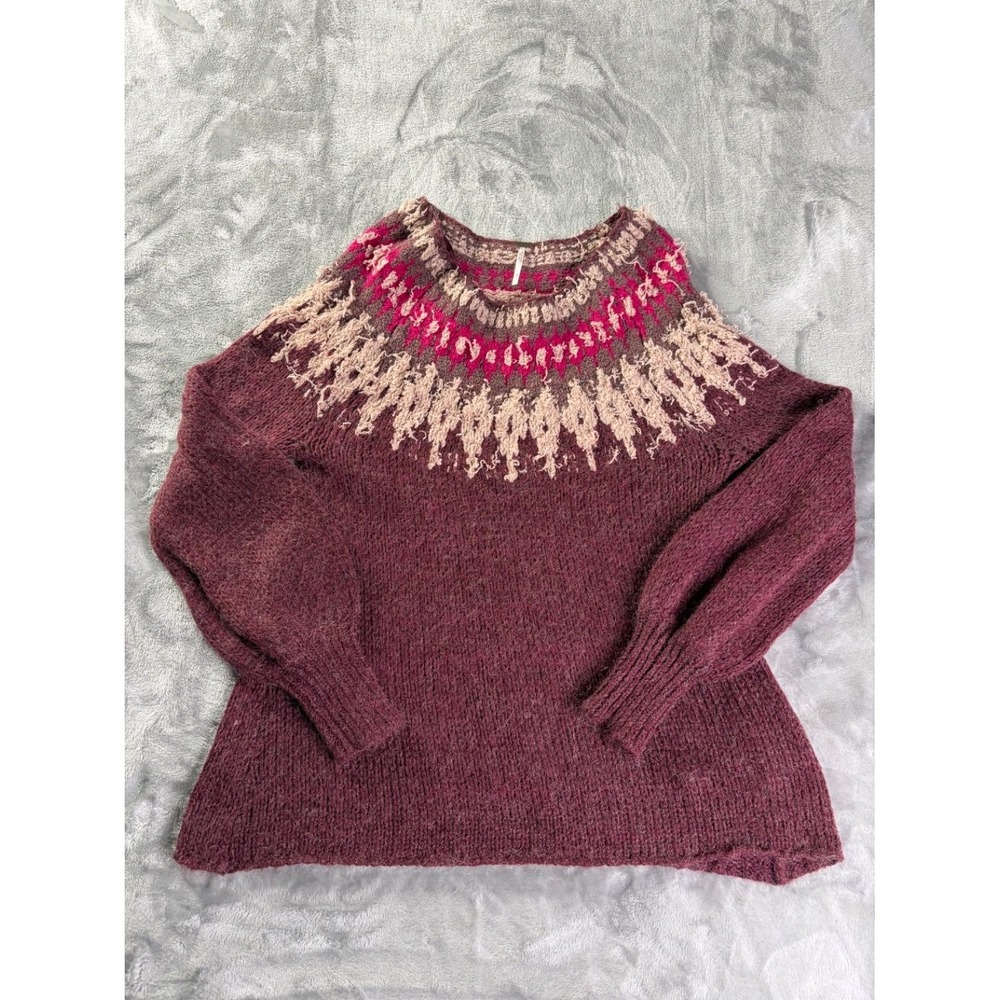 Free People Fair Isle Pullover Sweater Womens S Burgundy Boho Yoke Balloon